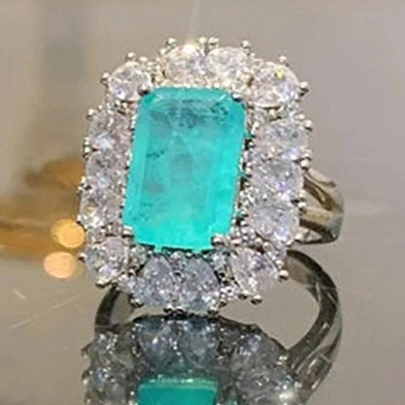 🍂  925 Silver Exclusive Blue Emerald Cut Cubic Zirconia Ring, FB16FA1064 - Picture 1 of 7